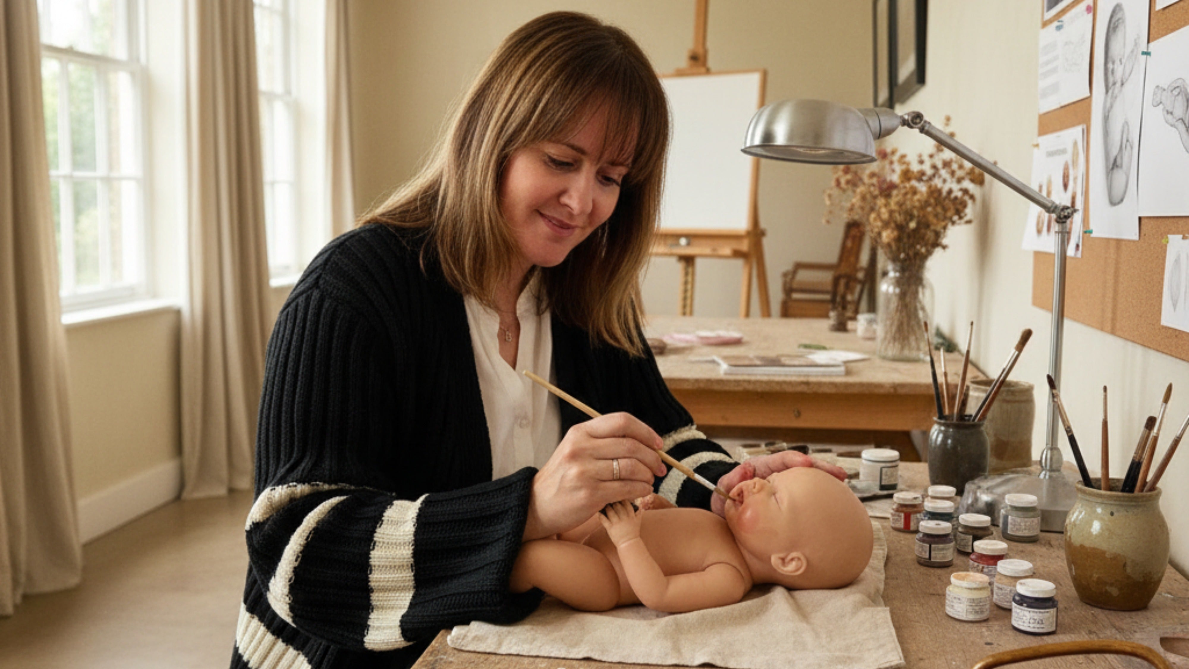Eva Muñoz pintando un reborn en el atelier